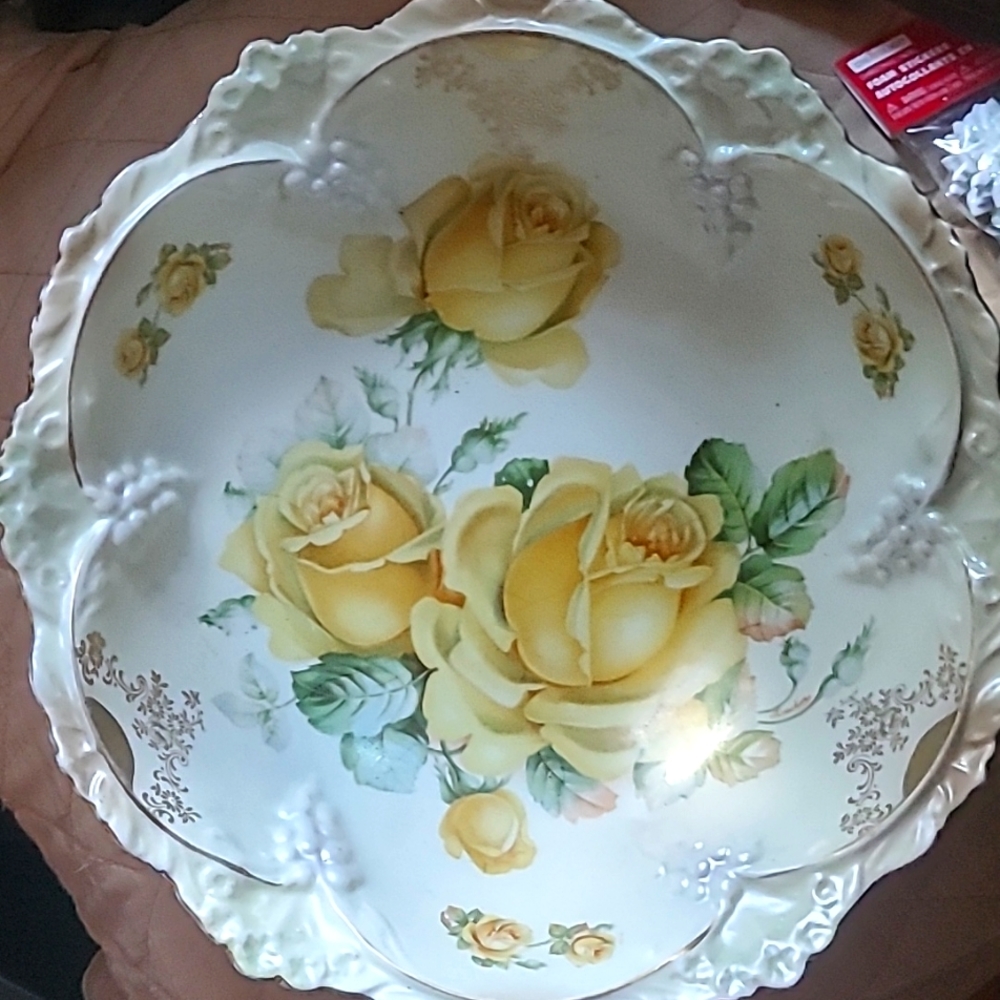 Antique Germany Large Bowl Roses Artist Signed